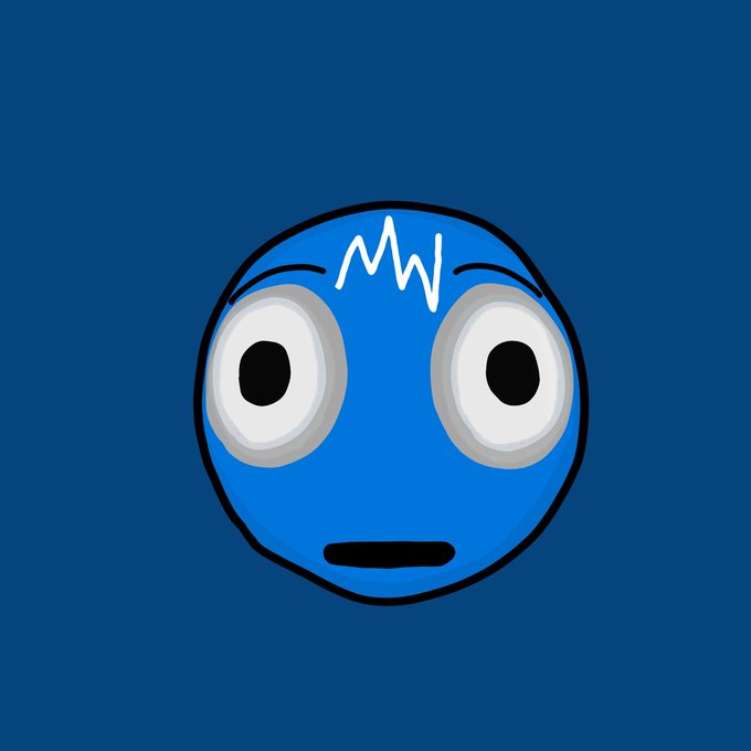 A simple cartoon blue face with wide, alert eyes and a small straight mouth, centered on a dark blue background. The wide-eyed, blank expression humorously mirrors the post's focus on an "unstable army" bounty platform, evoking a stunned or mind-blown reaction to the announcement about a 1,000,000 USDUC stablecoin rewards program.
