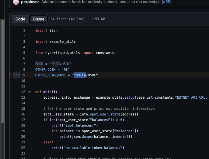A GitHub code review showing a pull request titled 'Add pre-commit hook for codestyle check' by perplover, featuring Python code for hyperliquid trading.