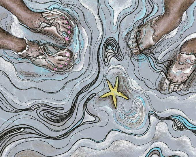 An artistic illustration showing two pairs of feet in shallow, swirling water, with a small yellow starfish resting on the rippled bottom.