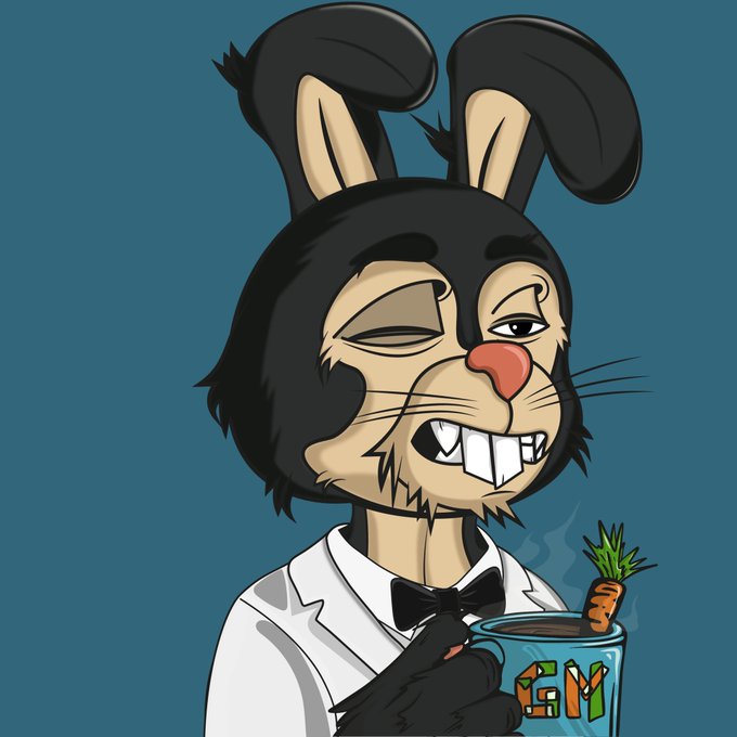 A cartoon bunny in a tuxedo winks while sipping from a mug labeled "GM" with a steaming carrot, capturing the cheerful "#GM Hoppy Monday" spirit of the post and its upbeat crypto market update on $BTC trading around $65k.