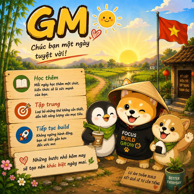 A cheerful "GM" motivational graphic featuring cute cartoon animals (a penguin, a cat in a conical hat, and a dog) wearing a "Focus Build Grow" hoodie alongside wooden signposts with Vietnamese text promoting daily self-improvement ("Học thêm," "Tập trung," "Tiếp tục build"), set against a sunny Vietnamese countryside backdrop with a flag, bamboo, and the message "Chúc bạn một ngày tuyệt vời!" (Wishing you a wonderful day).