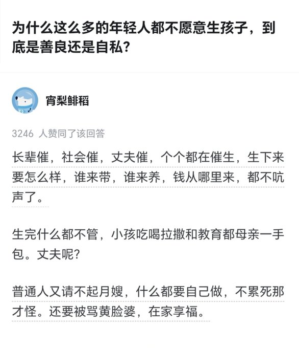 A Chinese text post asking "为什么这么多的年轻人都不愿意生孩子，到底是善良还是自私?" with a reply from user 宵梨鲱稻 (3246 likes) discussing how pressure from elders, society, and husbands falls on mothers who must handle childcare and housework alone.