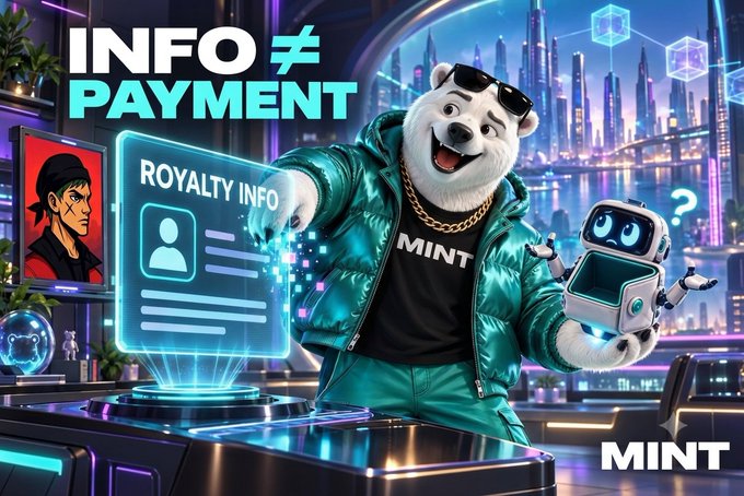 Vibrant digital artwork featuring a cartoon bear wearing sunglasses and a teal puffer jacket holding a small robot, with bold text reading 'INFO ≠ PAYMENT', 'ROYALTY INFO', and the 'MINT' logo.