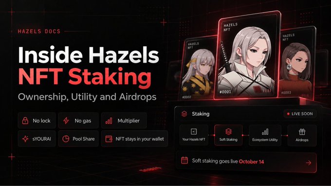 A dark promotional graphic titled 'Inside Hazels NFT Staking - Ownership, Utility and Airdrops' featuring three anime-style NFT character cards and features like 'No lock', 'No gas', 'Multiplier', and 'sYOURAI'.