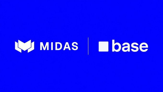 The image displays the MIDAS and Base logos side by-side on a solid blue background, with "MIDAS" on the left and "base" on the right separated by a vertical line, visually representing the partnership announcement of Midas expanding to the Base network for composable onchain investment products.