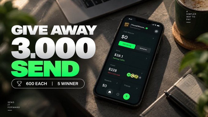 A promotional image for an app showing a smartphone displaying a dashboard with balances and rewards, alongside large text reading: 'GIVE AWAY 3,000 SEND' and '600 EACH | 5 WINNER,' with a coffee cup labeled 'A SIMPLER WAY TO PAY.'