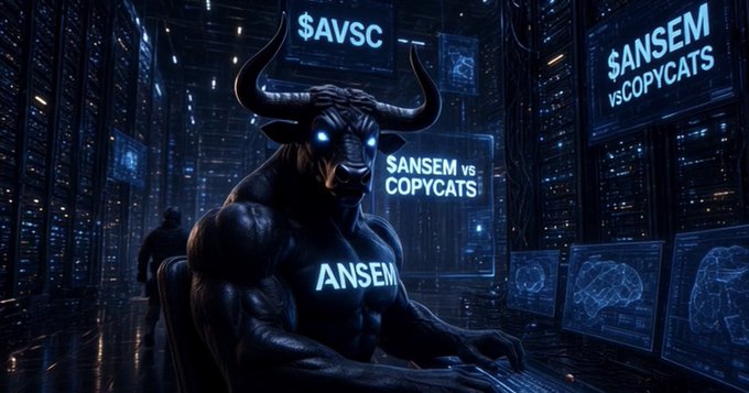 A dark, futuristic digital artwork depicts a muscular minotaur figure with glowing blue eyes sitting at a bank of computer monitors; the screens display text including "$AVSC", "$ANSEM VS $COPYCATS", and "ANSEM".