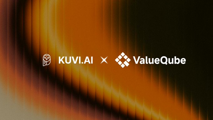 The image showcases a partnership announcement between Kuvi.AI and ValueQube, with their logos displayed side by side against a dark orange, streaked background, visually reinforcing the collaboration described in the post about Kuvi's Agentic Finance OS integrating with ValueQube.