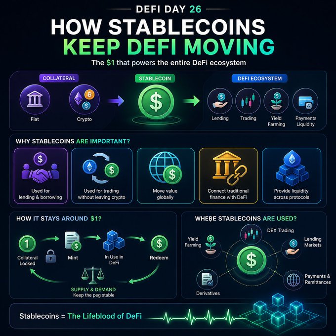 An infographic titled 'DEFI DAY 26: HOW STABLECOINS KEEP DEFI MOVING' that explains the role of stablecoins in lending, trading, and yield farming using icons and diagrams.