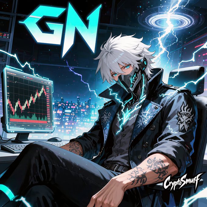 Anime-style artwork of a silver-haired character in a black jacket with a face mask, surrounded by blue lightning, with "GN" logo and "CryptoSmurf" visible, and a chart on a screen.