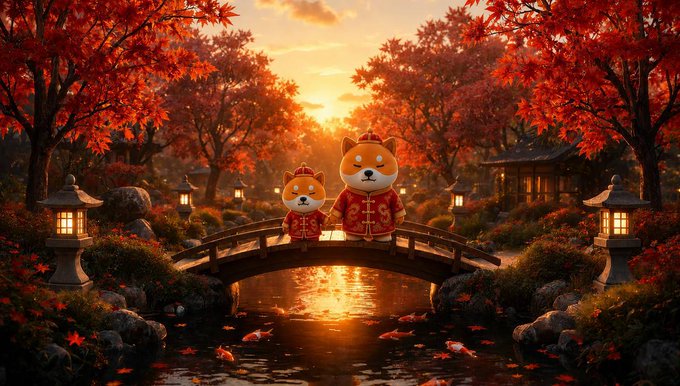 A stylized digital illustration of two Shiba Inu dogs wearing traditional red Chinese garments standing on a wooden bridge over a koi pond, surrounded by red autumn foliage and stone lanterns at sunset.