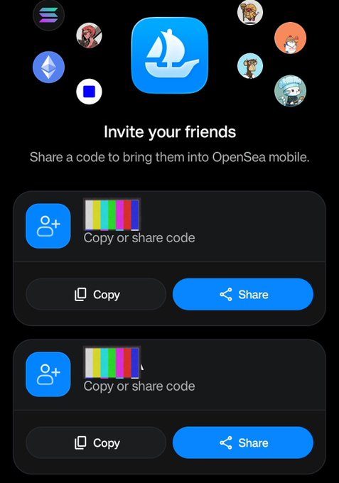 A dark-themed mobile app interface prompting 'Invite your friends' to OpenSea mobile, featuring a blue ship logo and options to 'Copy or share code'.