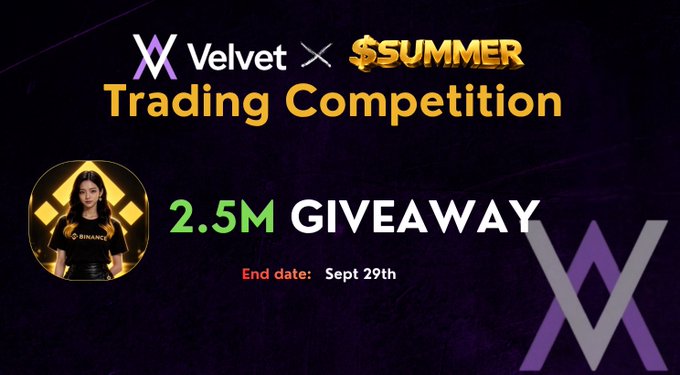 A promotional banner for a 'Velvet x $SUMMER Trading Competition' featuring a 2.5M giveaway ending Sept 29th, with a circular inset photo of a woman wearing a Binance shirt.