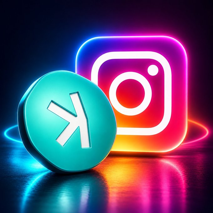 A 3D-rendered graphic displays a cyan circular icon with a white 'K' next to a glowing, neon-lit Instagram logo against a dark background.