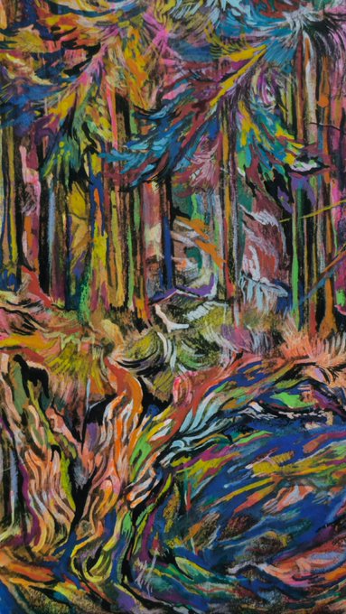 A brightly colored, expressionistic painting depicts a dense forest scene with tall trees and vibrant foliage rendered in bold, multicolored brushstrokes. The artwork, titled "Beyond the Silence of Trees," is a physical painting (1.1) priced at 120 tezos on objkt.com, matching the vivid, abstract natural imagery shown.