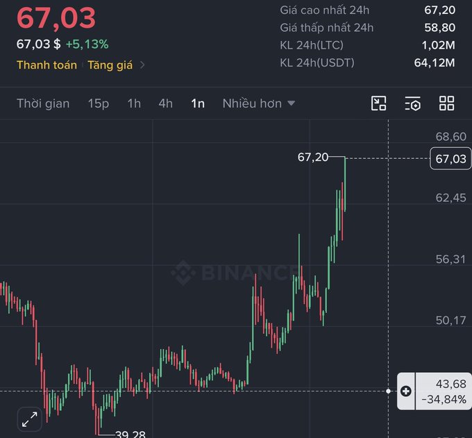 A Binance price chart displays Litecoin (LTC) trading at $67.03, up 5.13% over 24 hours, with a daily high of $67.20 and low of $58.80. The candlestick pattern shows a recent rally from a low of $39.28, with the current price still down -34.84% from the highlighted level of $43.68, illustrating LTC's volatile yet resilient market presence.