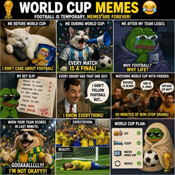The image features a collage of various photos related to the World Cup, including images of people playing soccer, a football trophy, and a cartoon frog wearing a soccer jersey. The caption for the image reads "World Cup Hub UGC Spotlight! Can you guess which UGC took the 1500 $BC prize? Fun penalty shootout mini-game + more rewards inside tme/bcgame_worldcup Create yours and get in the game!".