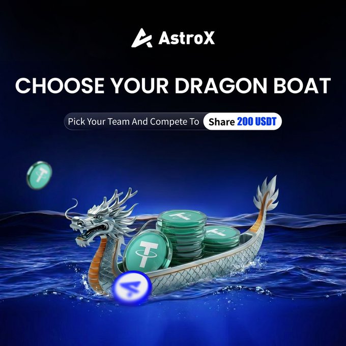 The image features a large dragon boat floating on water, with a green dragon head at the front of the boat. The dragon boat has a white body and an orange tail. There are also several coins scattered around the boat. In the background, there is text that reads "Choose Your Dragon Boat" and "pick your team and compete to share 200 USDT".