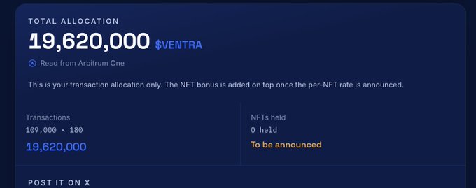 Dashboard showing a total allocation of 19,620,000 $VENTRA, calculated from 109,000 transactions at 180 each, read from Arbitrum One, with NFTs held pending announcement.