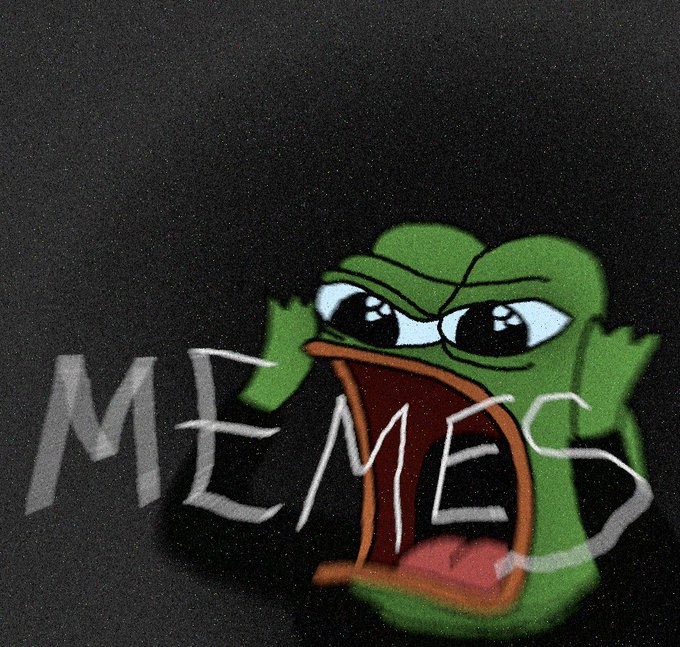 The image features a cartoon frog with its mouth open, giving the impression that it's screaming or shouting. The frog appears to be made of green paint, which adds a unique touch to the overall composition. The background of the image is black, providing contrast to the vibrant colors and drawing attention to the frog. In the bottom right corner of the image, there is text that reads "moons". This could potentially be related to the post about memes or simply an unrelated detail in the image.