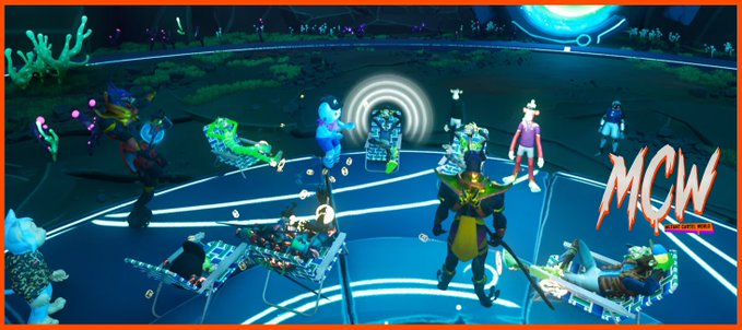 A screenshot from what appears to be a virtual gaming environment (MCW) showing multiple player avatars and shopping carts on a neon-lit court.