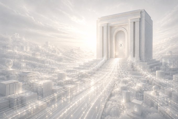 The image features an architectural structure, possibly a temple or a large white building with columns, situated at the top of a staircase that leads down into a cityscape filled with buildings of various sizes. The sky above appears to be cloudy, adding depth to the scene and creating a sense of mystery. The post accompanying this image reads: "One day, you’ll look back and wonder why you didn't buy permanence when it was still early—unless you wait". This message seems to be related to the concept of investing in long-term assets or experiences rather than short-term gains.

The image is a digital illustration with a white background that highlights the architectural structure, making it stand out against the cloudy sky and cityscape. The post's message encourages viewers to consider the value of permanence over time, possibly related to real estate or other long-term investments.