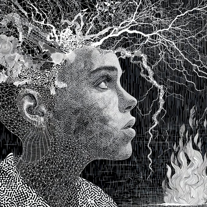 Intricate black and white digital artwork depicting a person's profile with detailed geometric patterns, transforming into lightning branches and natural elements like leaves and flames.