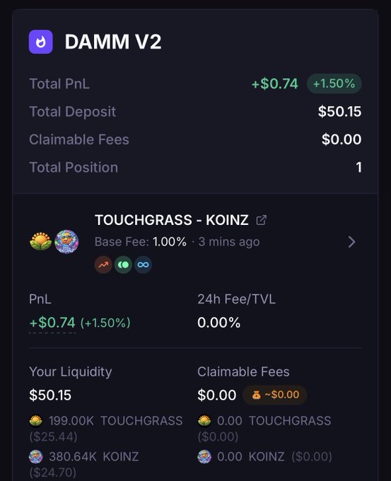 A screenshot of a cryptocurrency interface for 'DAMM V2,' displaying metrics like 'Total PnL +$0.74 (+1.50%)' and 'Total Deposit $50.15' for a 'TOUCHGRASS - KOINZ' liquidity pool.