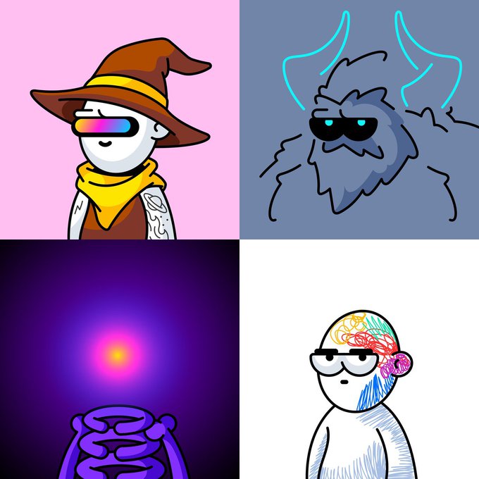 Four-panel grid of stylized cartoon drawings: a witch-like figure with a rainbow visor, a horned beast with sunglasses, a glowing purple object, and a head with an exposed colorful brain.
