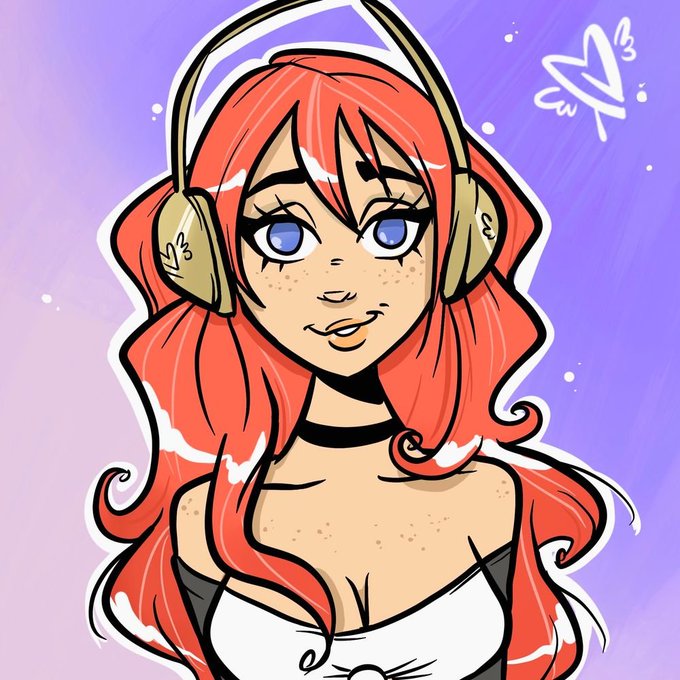 An anime-style illustration of a girl with long red hair wearing large headphones and a white top against a purple background, signed by an artist with a star logo.