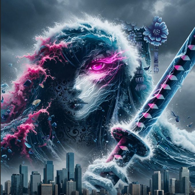 A dramatic digital illustration of a giant female yokai-like figure with glowing pink eyes emerging from stormy waves above a city skyline, holding a katana.