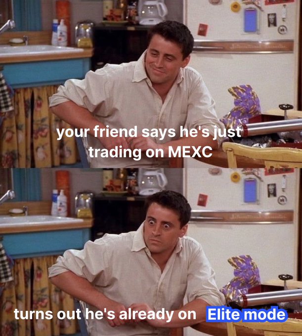 The image features the iconic "Joey from Friends" meme in a two-panel format, showing him first with a smug look and then with wide, shocked eyes, with overlaid text reading "your friend says he's just trading on MEXC" followed by "turns out he's already on Elite mode." The meme cleverly promotes a MEXC campaign offering 7 days of Elite privileges plus 40 USDT in rewards, suggesting that traders can unlock premium "Elite" status on the platform.