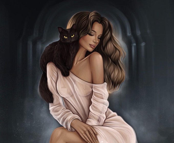 A serene woman in a flowing white dress rests peacefully with her eyes closed while a black cat perches watchfully on her shoulder, set against a dark, atmospheric background with faint architectural elements. The image embodies the post's poetic description of "two souls moving as one" — the woman's tranquil, untamed beauty mirroring the cat's quiet yet vigilant presence as her shadow companion in the dim surroundings.