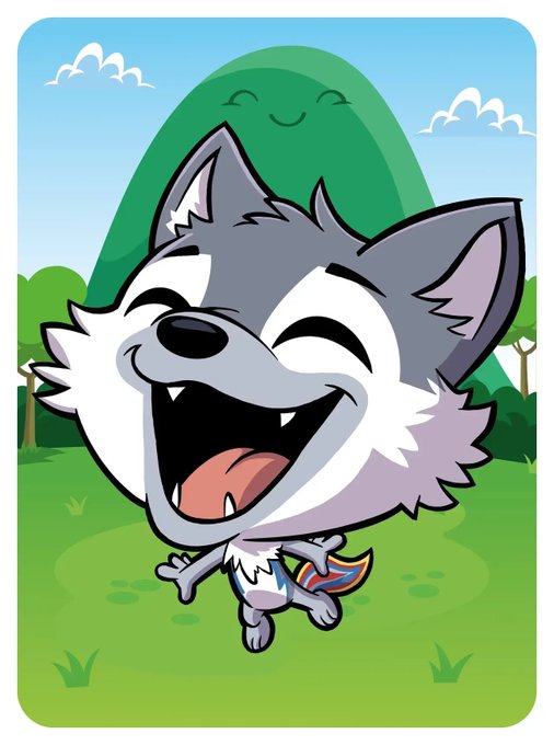 A cartoon illustration of a happy, laughing gray and white wolf-like creature with its eyes closed, standing in front of a smiling green hill.