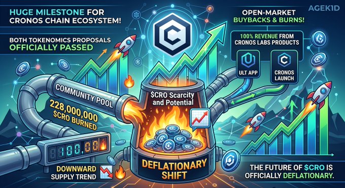 A crypto promotional graphic celebrating milestones for the Cronos Chain ecosystem, highlighting passed tokenomics proposals, 228,000,000 $CRO burned, deflationary shift, and open-market buybacks & burns, credited to AGEKID.