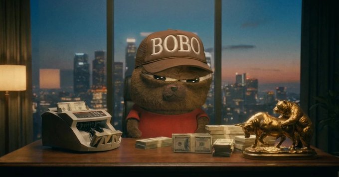 The image shows a wide-eyed squirrel wearing a "BOBO" cap, sitting behind a desk stacked with cash and a golden bull statue. It ties to the post by personifying the $BOBO ticker as the wealthy, money-flush squirrel commanding the financial table.
