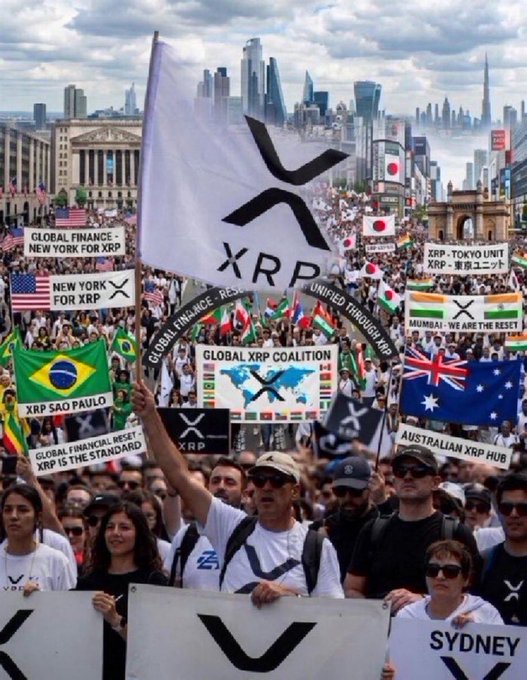 A large crowd holds up signs and flags in support of XRP, with banners reading "Global Finance - New York for XRP," "Mumbai - We Are The Reset," and "Australian XRP Hub," symbolizing a worldwide movement for the cryptocurrency. This image visually represents the "massive future top" mentioned in the post, suggesting a widespread adoption and influence of XRP and related cryptocurrencies.