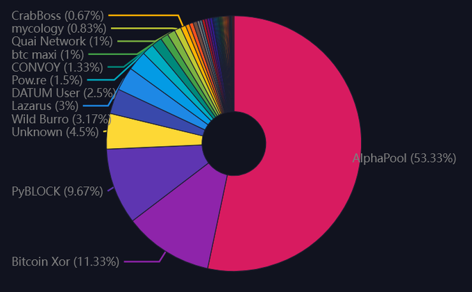 A pie chart depicting cryptocurrency mining pool distribution, with AlphaPool commanding a dominant 53.33% share, followed by Bitcoin Xor (11.33%), PyBLOCK (9.67%), Unknown (4.5%), Wild Burro (3.17%), Lazarus (3%), DATUM User (2.5%), and several smaller pools including CrabBoss (0.67%) and Quai Network (1%). The visualization highlights the significant concentration of hashrate among a handful of pools, which contextualizes concerns about network security and the potential characterization of legitimate mining contributions as "hostile attacks."