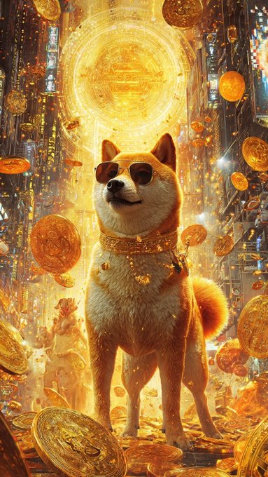 A Shiba Inu dog wearing sunglasses and a gold chain stands among floating gold coins with a glowing Bitcoin symbol in the background, representing crypto wealth.