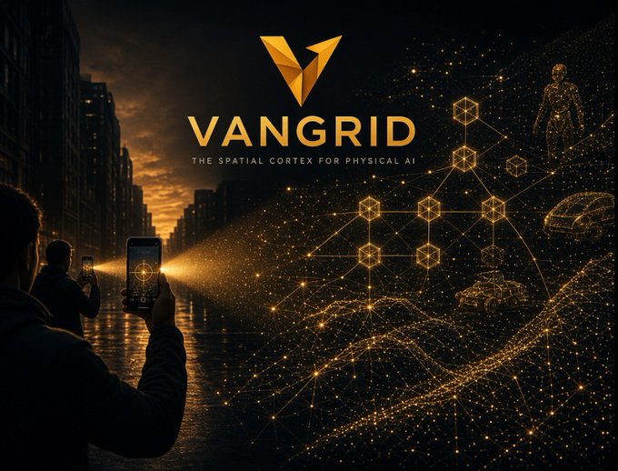 A promotional graphic for 'VANGRID - THE SPATIAL CORTEX FOR PHYSICAL AI,' featuring a dark cityscape with glowing golden particle effects and a network of geometric shapes.