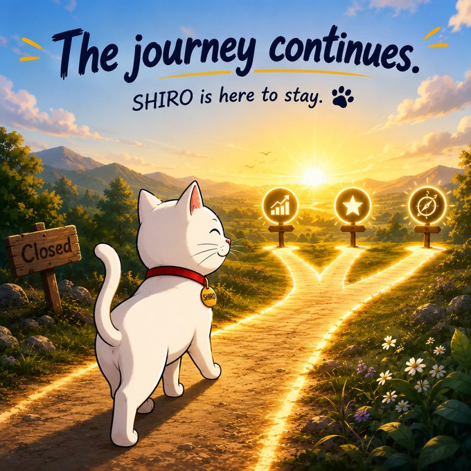 The image features a cheerful white cat named Shiro standing at a crossroads with a "Closed" sign behind and glowing paths ahead, accompanied by the text "The journey continues. SHIRO is here to stay. 🐾"

The illustration visually reinforces the post's message by depicting Shiro (the cat mascot) confidently moving past a closed-off path—symbolizing BitMart's discontinuation—and continuing forward toward new opportunities, representing the project's resilience and ongoing growth on exchanges like MEXC.