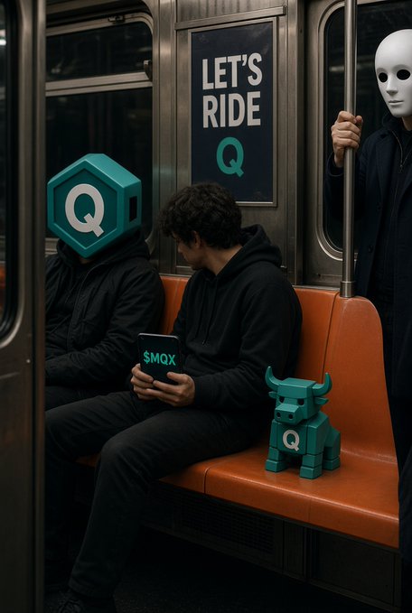A dark, stylized subway scene featuring a person on their phone displaying '$MQX', a 'LET'S RIDE Q' sign, a figure in a white mask, and a green 'Q' bull logo.