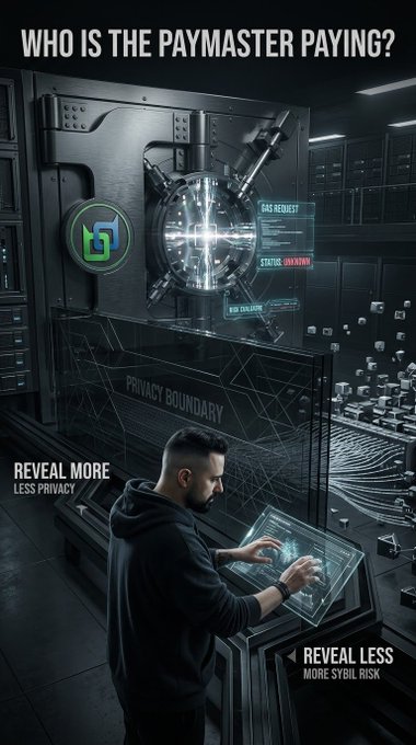 A promotional graphic reading 'WHO IS THE PAYMASTER PAYING?' showing a man at a digital terminal in front of a vault, with text 'REVEAL MORE LESS PRIVACY' and 'REVEAL LESS MORE STYL RISK'.