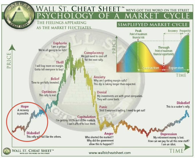 An infographic titled "WALL ST. CHEAT SHEET - PSYCHOLOGY OF A MARKET CYCLE" mapping investor emotions across market fluctuations, from Disbelief and Hope through Euphoria down to Depression, with a red circle highlighting the early Disbelief/Hope stage.