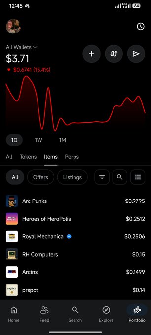A mobile app screenshot showing an 'All Wallets' portfolio view with a value of $3.71 (down 15.4%), listing NFT collections like Arc Punks ($0.9795), Heroes of HeroPolis ($0.2512), and Royal Mechanica ($0.2506).