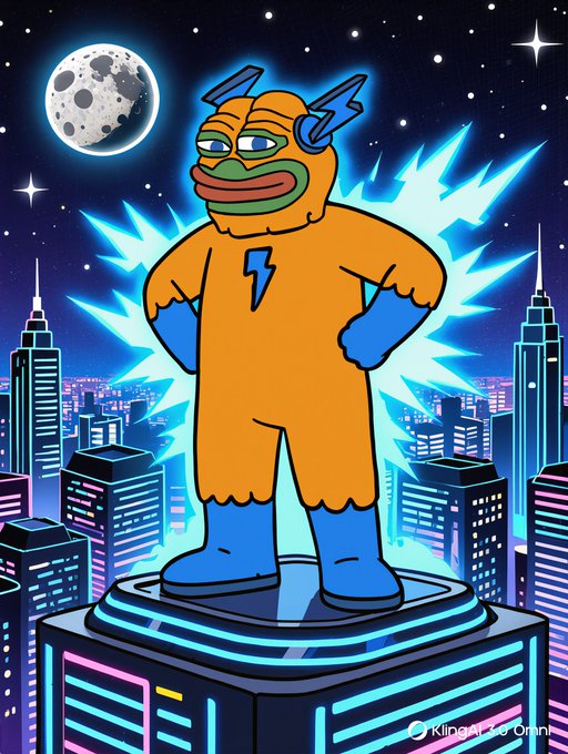 A cartoon illustration of an orange superhero duck-like character with a lightning bolt symbol, standing on a building above a city skyline at night.