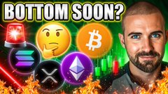 A man appears in a YouTube-style thumbnail with "BOTTOM SOON?" text, surrounded by crypto logos including XRP, Bitcoin, Ethereum, and Solana, along with a thinking emoji, reinforcing the video's discussion of XRP being an undervalued buying opportunity compared to Bitcoin and Ethereum.
