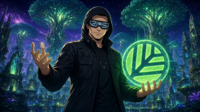 An anime-style figure in futuristic black gear holds a glowing green Canopy logo, with “CNPY” visible on his visor, against a neon alien cityscape. The image visualizes @CNPYNetwork’s “Canopy” concept of launching each project on its own shared chain, giving builders independent space, rules, and capacity rather than competing on one congested network.