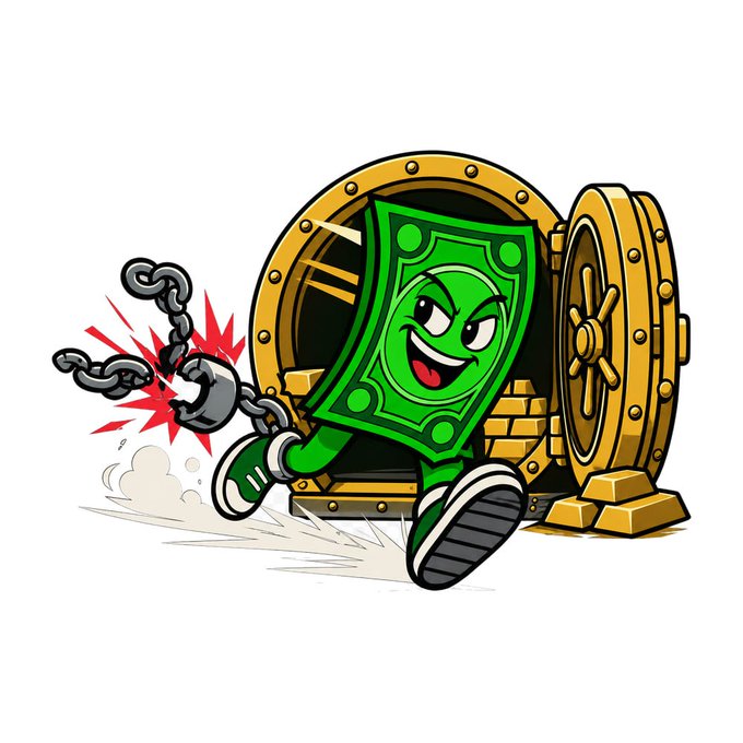 A cartoon illustration of an anthropomorphic green dollar bill breaking chains with a hook, running out of a golden vault door, symbolizing financial freedom or escape from traditional finance.