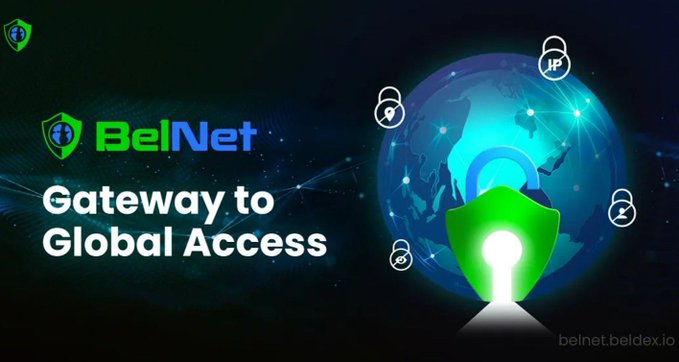 A promotional graphic for BelNet displays the company's logo and the tagline "Gateway to Global Access," set next to a glowing green shield icon orbiting a stylized globe with security-themed symbols like a padlock and user icons. The visual reinforces the post's message by emphasizing BelNet's role as a decentralized privacy and security solution paired with the Beldex Browser.
